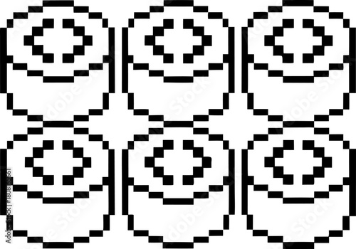 Pixel art sushi rolls six monochrome maki pieces, minimal retro design, japanese food, isolated white background