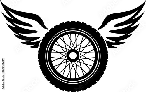 Motorcycle wheel with wings black silhouette illustration of spoked tire and stylized wings symbolizing speed, freedom, movement