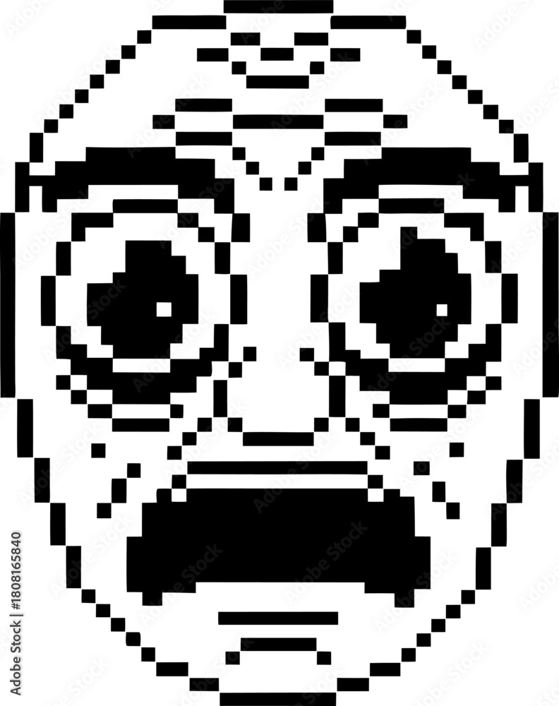 Fototapeta premium Pixelated scared face screaming black and white 8 bit shocked expression, anxiety, fear, retro digital emotion, video game art