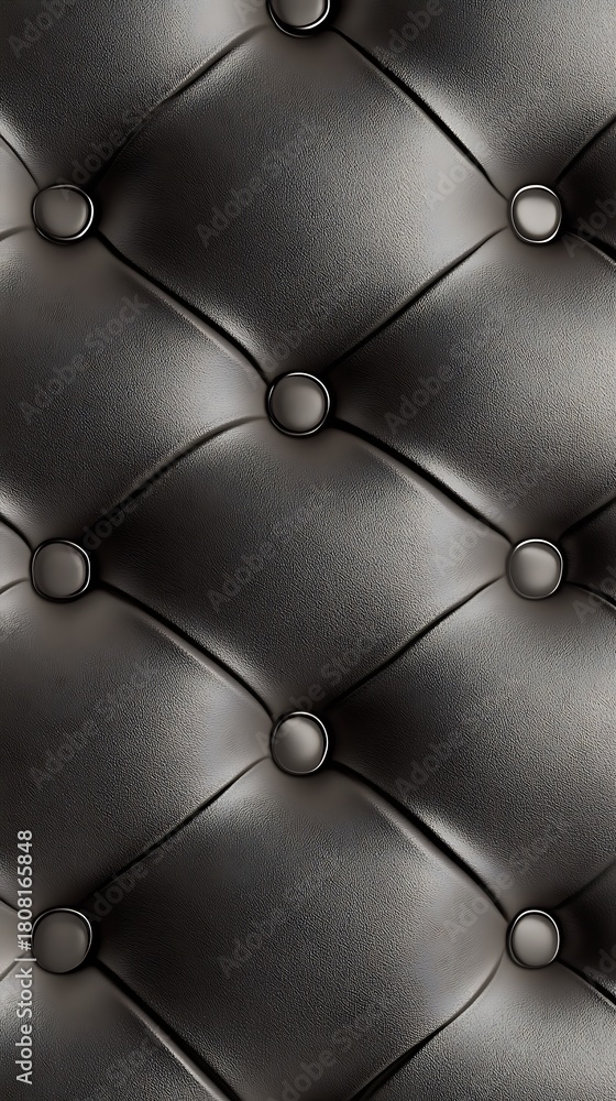 Fototapeta premium Elegant black leather cushion exhibits a luxurious quilted pattern with sophisticated button details