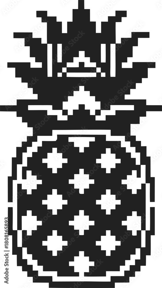 Fototapeta premium Pixel art pineapple retro digital fruit illustration, monochrome black white minimal geometric design, 8 bit icon