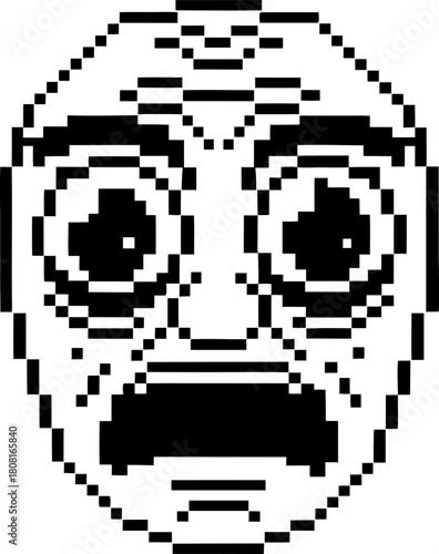 Pixelated scared face screaming black and white 8 bit shocked expression, anxiety, fear, retro digital emotion, video game art
