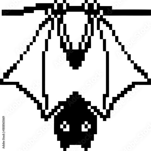 Pixel bat hanging upside down on a branch simple black and white 8 bit animal icon, minimal retro illustration