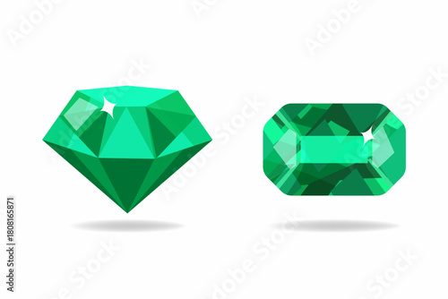 Emerald Gemstone Vector Set – Shiny Green Diamond and Emerald Cut Jewel Illustration