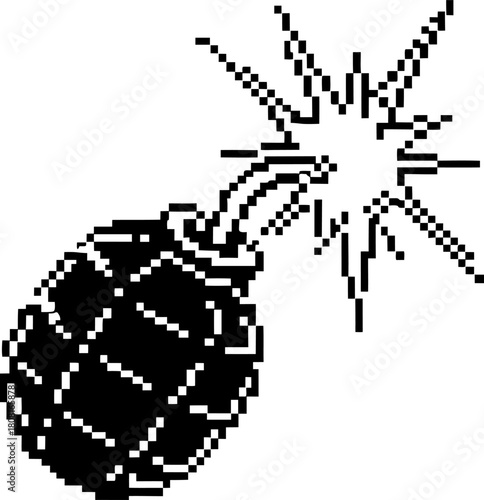 Pixel art grenade with lit fuse, retro explosive symbol, abstract black and white digital illustration, vintage gaming design