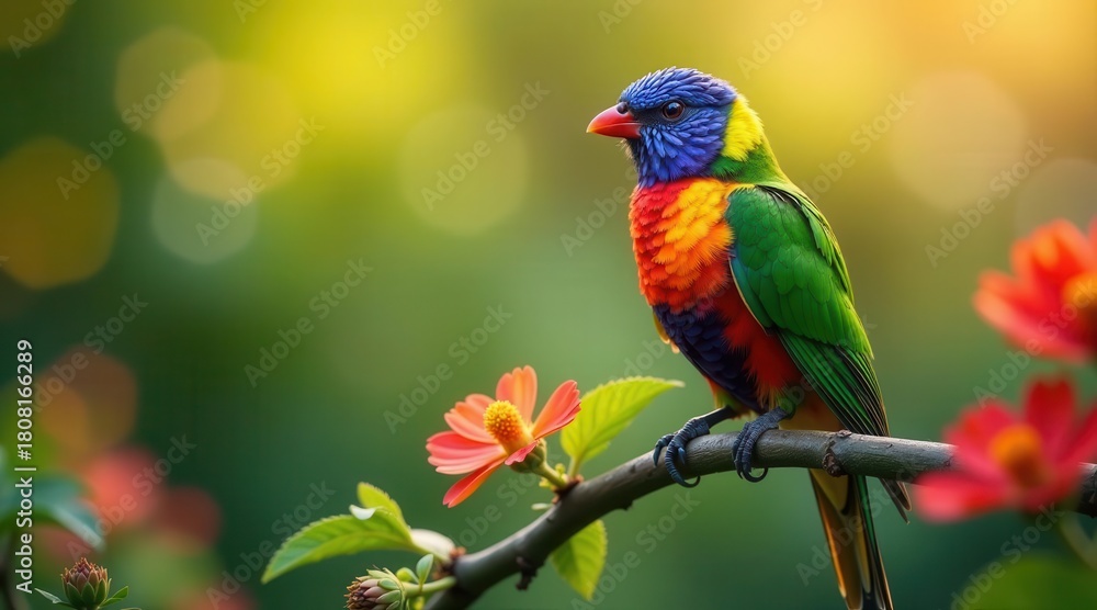 Obraz premium A vibrant rainbow lorikeet perched on a branch amidst blossoming flowers, bathed in the warm glow of sunlight, a picturesque scene of nature's beauty