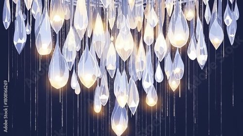 Elegant Chandelier Illuminates a Dark Room with Sparkling Crystal Droplets.