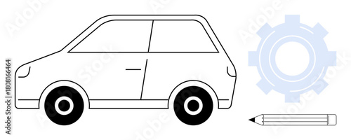 Compact car outline with a gear for automation and mechanics and pencil for creativity. Ideal for design, innovation, engineering, automotive development, customization, brainstorming