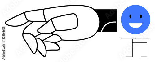 Black and white hand illustration pointing at a blue smiling face icon above a minimal table outline. Ideal for direction, emotion, interaction, focus, simplicity, minimalism, positive communication