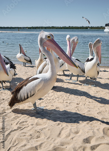 pelicans gathering near coastal water in labrador beach