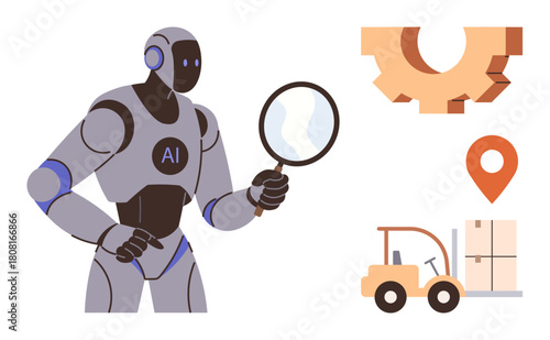 Robot with AI label holding magnifying glass, gear icon, location pin, forklift moving cargo. Ideal for technology, logistics, automation, efficiency AI innovation supply chain inspection. Simple