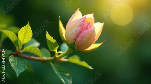 A Delicate Pink Flower Bud Basking in the Warm Glow of Sunlight on a Lush Green Branch