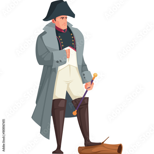 Pixel Art of a Man in Napoleonic Era Military Uniform and Gray Coat Holding a Purple Staff Standing on a Log with a Transparent Background