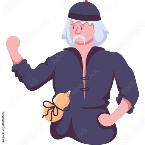 Pixel Art of a Man with White Hair and Mustache Wearing a Dark Blue Traditional Chinese Outfit with a Gourd Attached to His Waist