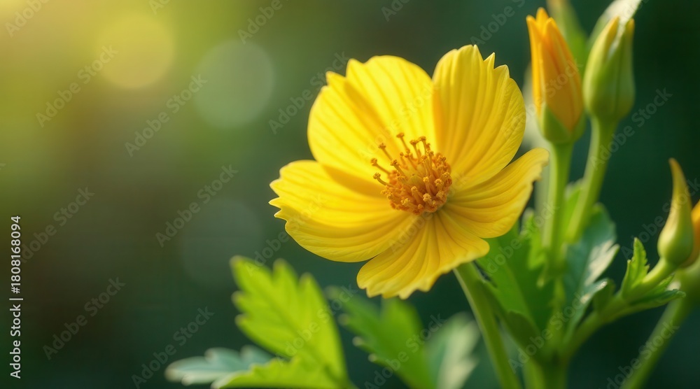 Obraz premium A single vibrant yellow flower blossoms in the soft sunlight, its delicate petals unfurling amidst lush green foliage, a captivating scene of natural beauty