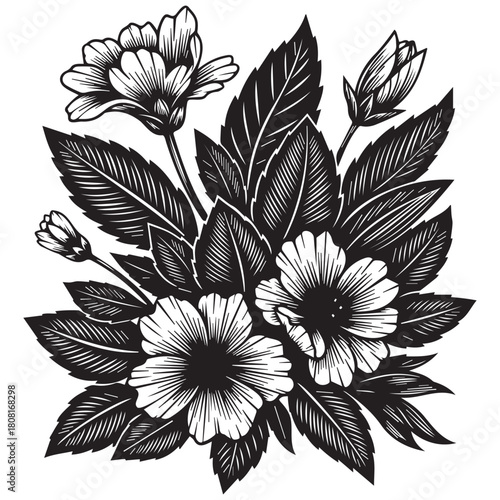 Black and white floral arrangement with blooming flowers and leaves