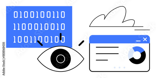 Binary code with observing eye, a cloud, and an analytics interface. Ideal for AI, big data, cyber security, cloud computing, data visualization digital transformation innovation. Simple flat