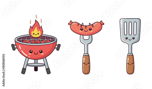 Cute Cartoon BBQ Grill Sausage and Spatula Summer Party Illustration