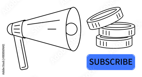 Megaphone highlights announcement, coins represent monetization, blue subscribe button signifies growing audience. Ideal for marketing, subscription, promotion, branding, investment, outreach simple