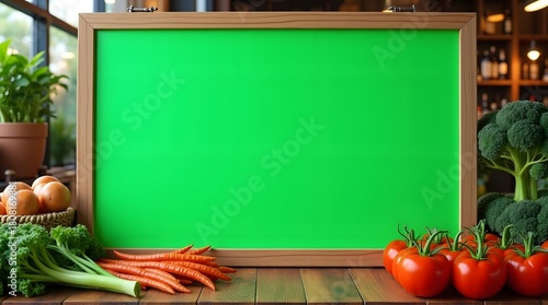 Commercial Display Mockup: Green Screen Board with Vegetables Ornament