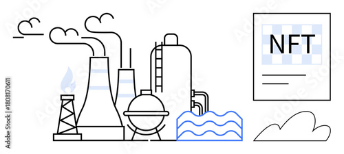 Factory chimneys emitting smoke, industrial structures, flames, NFT certificate document image, and flowing water. Ideal for blockchain, industry, technology, sustainability energy pollution