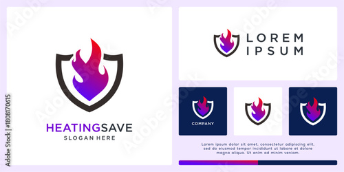 Heating save logo design with fire and shield