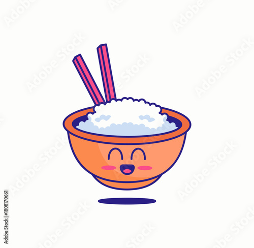 A cheerful bowl of rice features a happy cartoon face with blushing cheeks and vibrant chopsticks placed on top ideal for food branding, character designs, and playful culinary graphics
