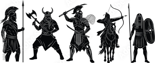 Ancient warrior vector illustration with Greek soldier, Viking fighter, medieval knight, archer on horseback, and Egyptian guard silhouette, historical battle design elements