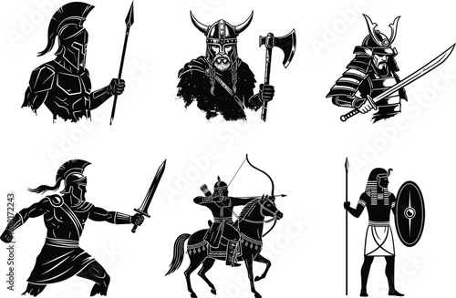 Ancient warrior vector illustration with Greek soldier, Viking fighter, Samurai warrior, Egyptian guard, and archer on horseback, historical battle silhouette design