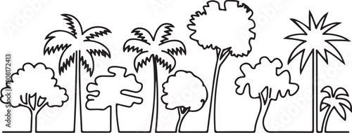 Abstract continuous line art drawing of diverse trees and palms
