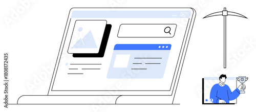 Laptop screen showcasing website layout, image search, and content creation. Includes mining pickaxe and user holding trophy. Ideal for digital media, data mining, online tools, SEO, technology