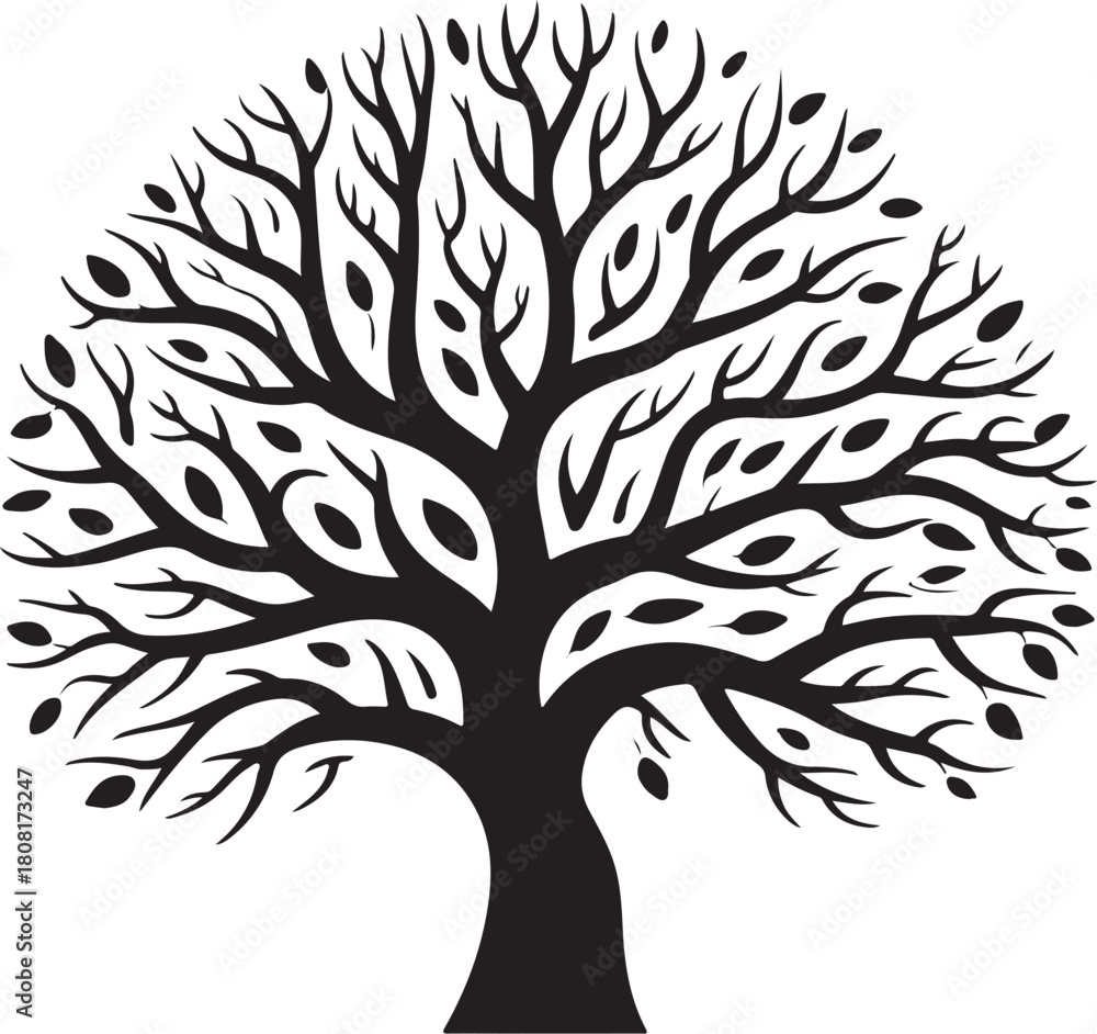 Obraz premium Stylized tree silhouette with lush branches and leaves on white
