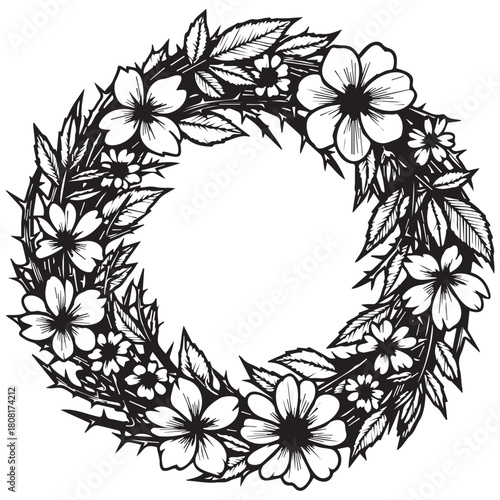 Black and white floral wreath with leaves and thorns