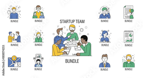 Startup team icons bundle, featuring diverse professionals collaborating on a project, surrounded by related icons.