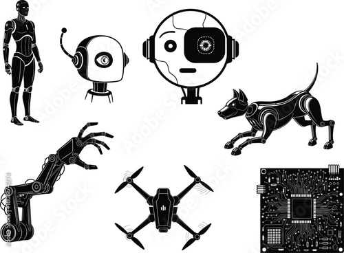 Artificial intelligence technology vector set, humanoid robot, robotic arm, AI head, drone, robotic dog, motherboard, futuristic innovation concept illustration, black silhouette design