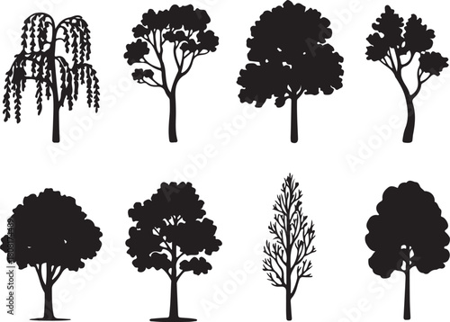 Variety of tree silhouettes, black arboreal forms on white