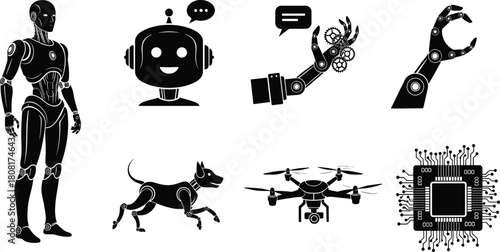 Artificial intelligence, robot, robotic arm, ai chatbot, drone, robotic dog, microchip, automation, innovation, machine learning, futuristic technology, digital transformation vector illustration