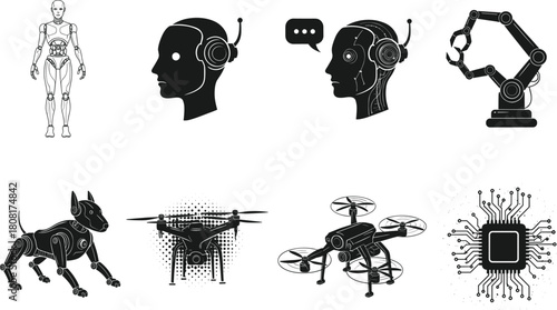Artificial intelligence, robotics, drone technology, robotic dog, AI head, robotic arm, microchip, automation, innovation, machine learning, tech future, digital revolution vector illustration