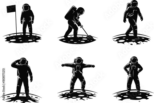 Astronaut silhouette vector, moon surface exploration, space mission activity, lunar terrain, cosmic adventure, black and white space illustration for stock content