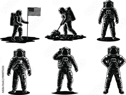 Astronaut silhouette vector illustration, space exploration poses, moon landing activities, astronaut flag salute dig stand, cosmic graphic art, black outline astronaut icons collection