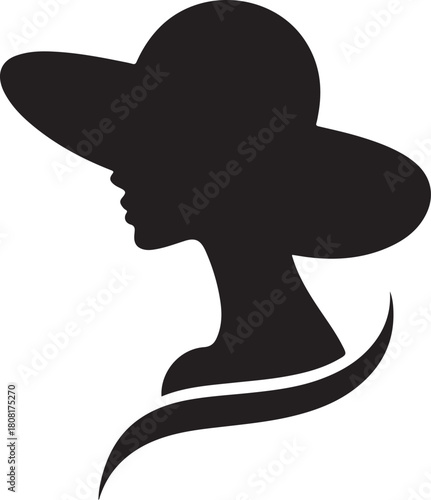 Silhouette of woman in wide brim hat white background