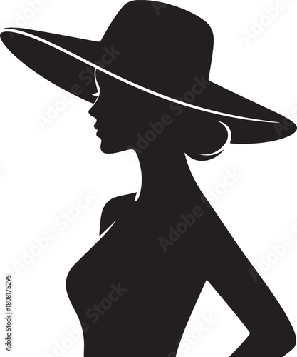 Silhouette of woman in wide brim hat white background