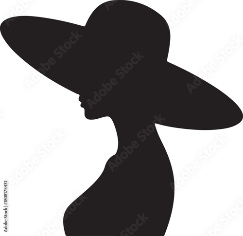 Silhouette of woman in wide brim hat white background