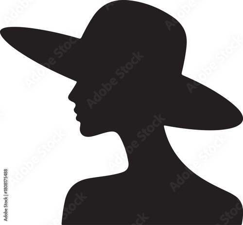 Silhouette of woman in wide brim hat white background