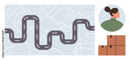 Winding road over map background alongside a person and stacked boxes. Ideal for logistics, delivery, navigation, planning, journey, direction, supply chain. Simple flat metaphor
