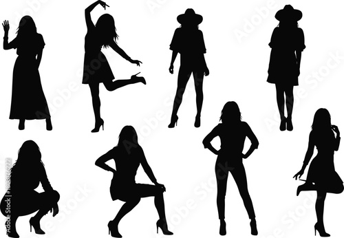 WebStylish silhouette collection of women in fashionable poses including standing, dancing, sitting, and modeling,