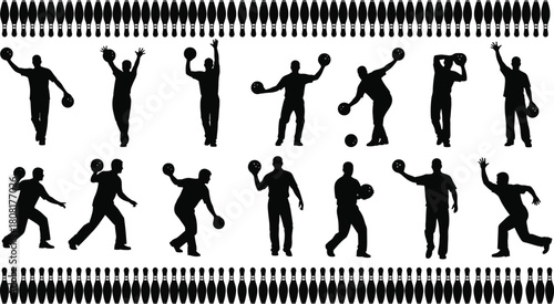 WebDynamic silhouette collection of bowling players in various action poses with bowling pins, sports activity vector illustration for competitive gameplay and athletic motion design