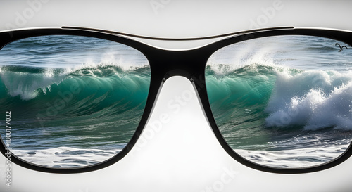 Fototapeta Naklejka Na Ścianę i Meble -  Ocean Wave Crashing Seen Through Sunglasses on White Background
