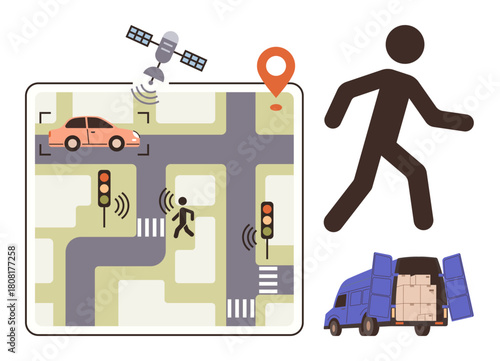GPS tracking highlighting vehicle, pedestrian, and delivery van at an urban crossroads with signal control. Ideal for transport, smart city, navigation, traffic safety, delivery logistics, GPS