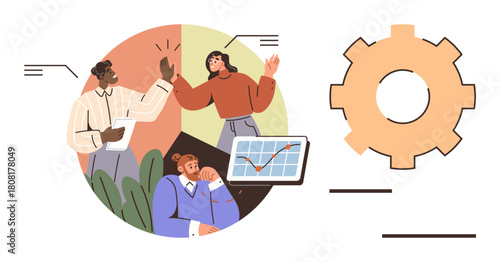 Team members exchanging high-five, colleague analyzing chart with upward trend, backdrop of plants and gear. Ideal for teamwork, growth, success, strategy, collaboration productivity motivation. A